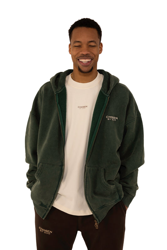 (G)              ZIP UP HOODIE WASHED  - GREEN