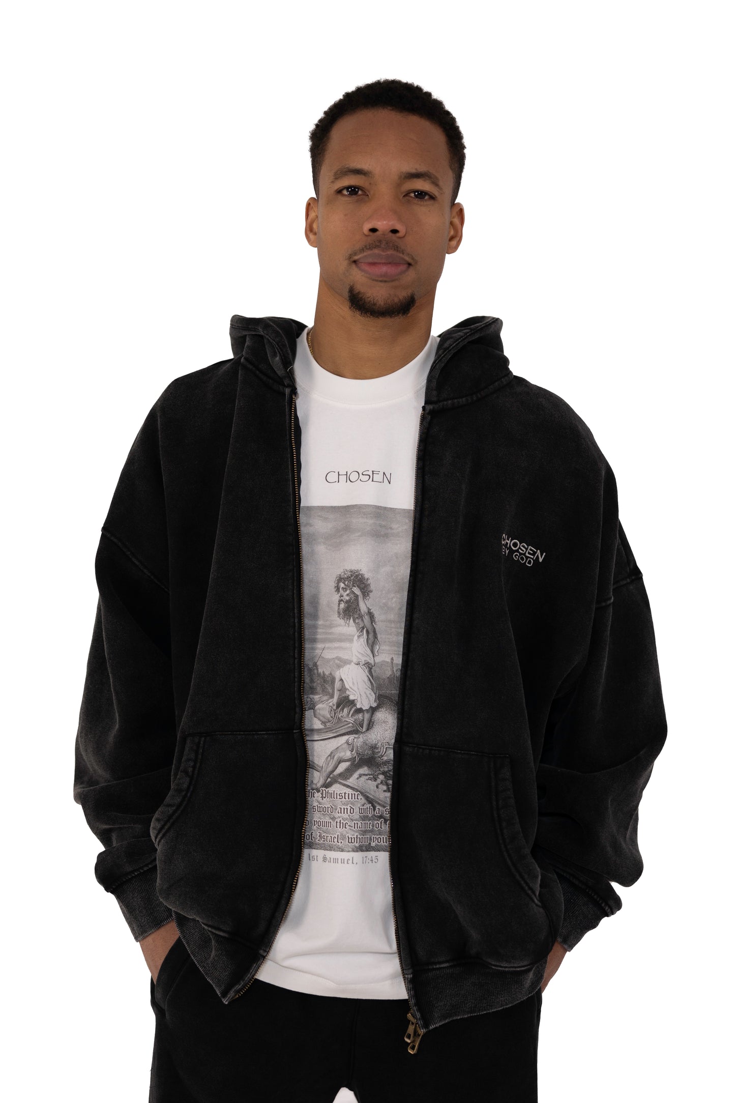 (G) ZIP UP HOODIE WASHED - BLACK
