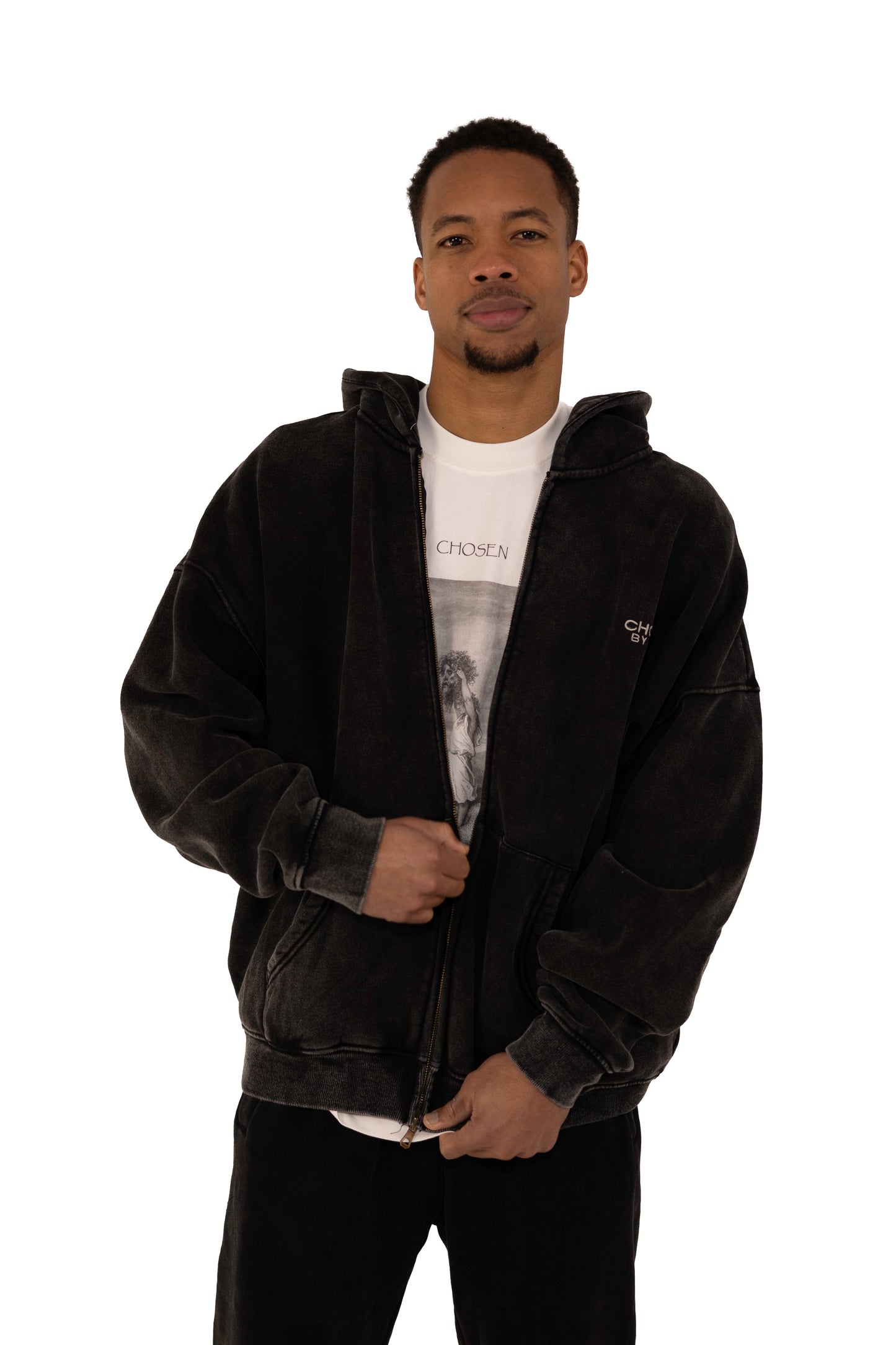 (G) ZIP UP HOODIE WASHED - BLACK