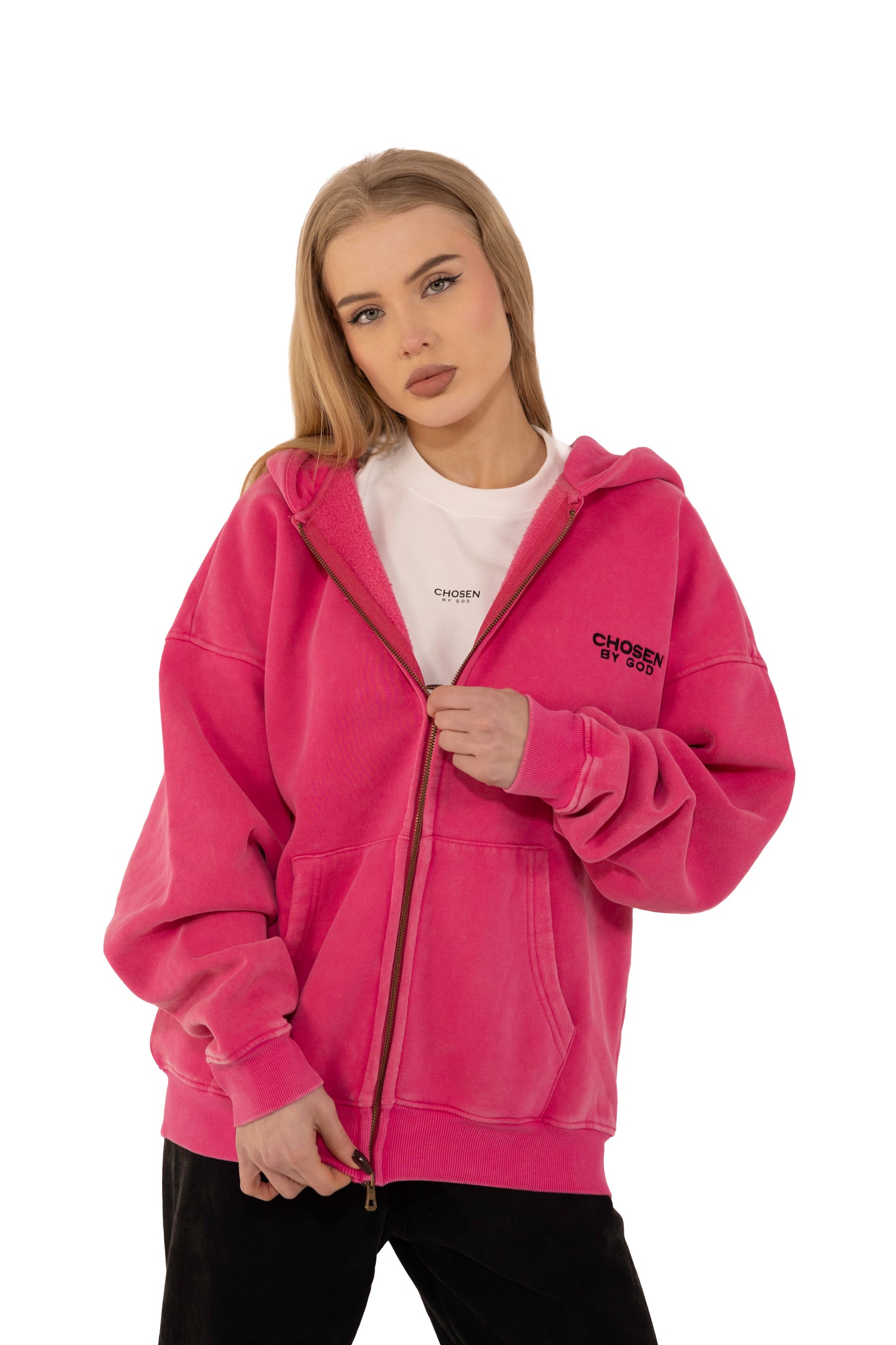 (K) ZIP HOODIE WASHED - HOT PINK