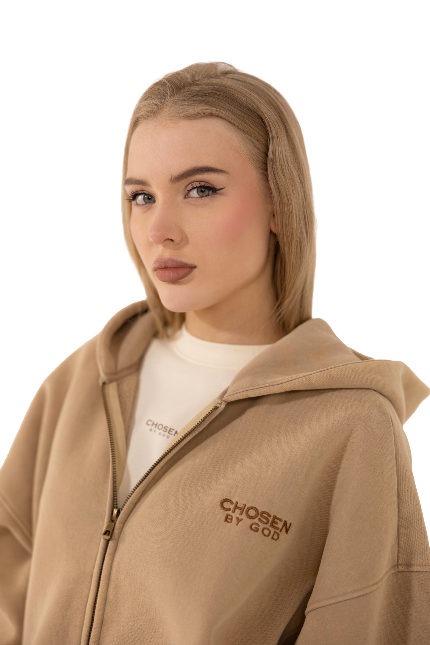 (G) ZIP UP HOODIE WASHED - BEIGE