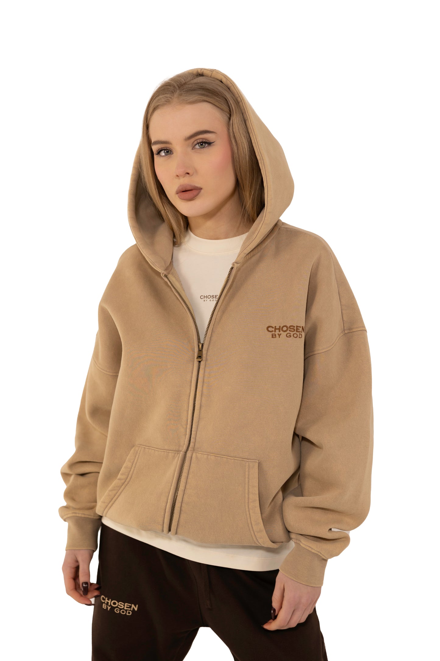(G) ZIP UP HOODIE WASHED - BEIGE