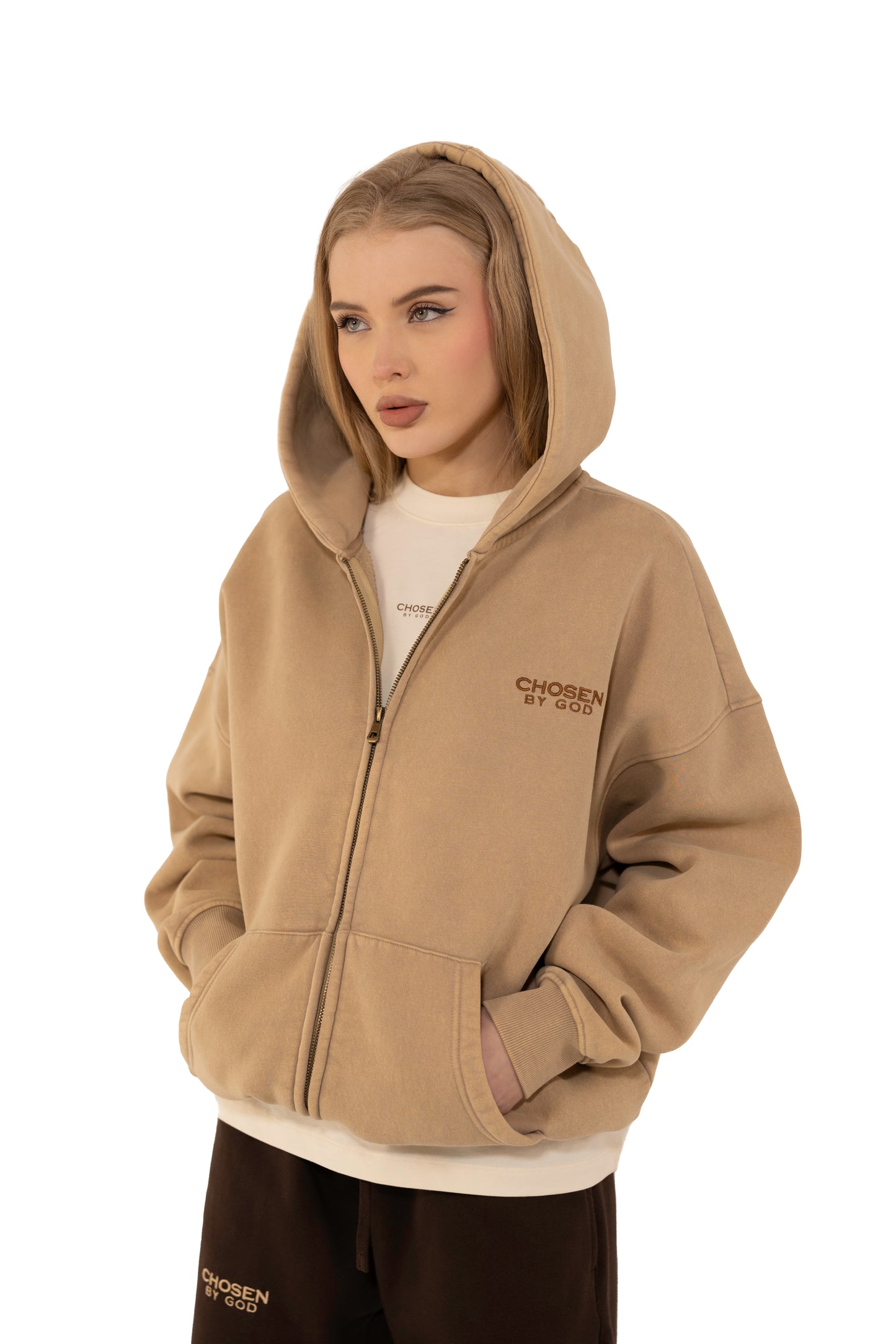(G) ZIP UP HOODIE WASHED - BEIGE