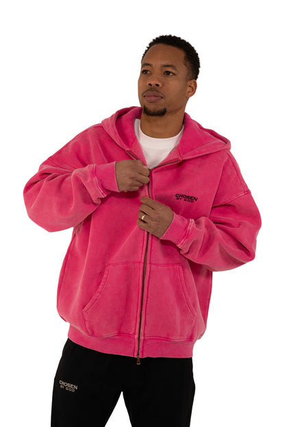 (K)    ZIP  HOODIE WASHED - HOT PINK