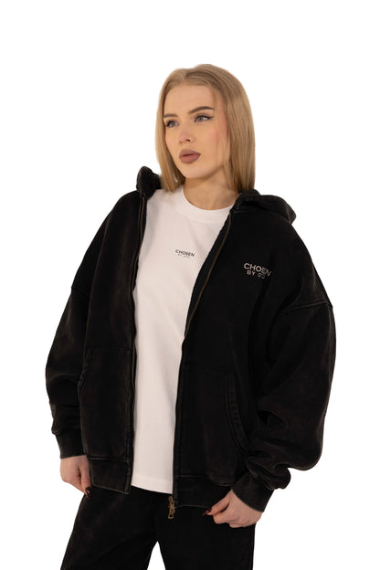 (G) ZIP UP HOODIE WASHED - BLACK