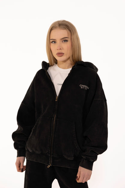 (G) ZIP UP HOODIE WASHED - BLACK