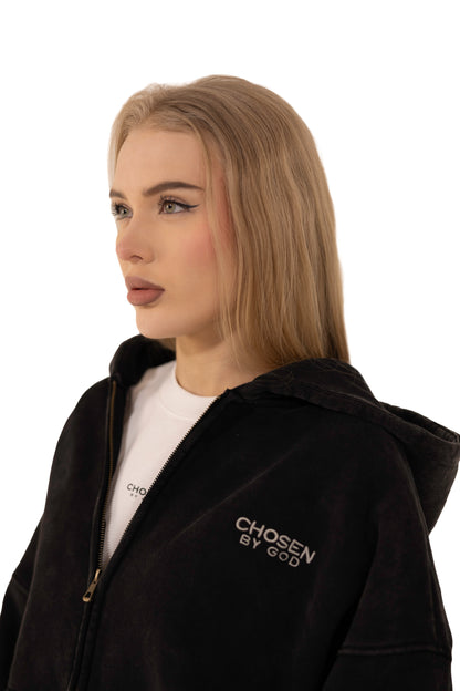 (G) ZIP UP HOODIE WASHED - BLACK