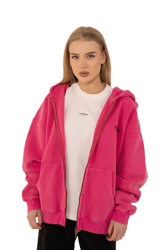 (K)  ZIP  HOODIE WASHED - HOT PINK