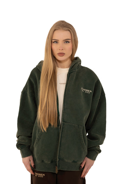 (G)           ZIP UP HOODIE WASHED - GREEN