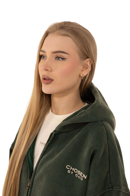 (G)           ZIP UP HOODIE WASHED - GREEN